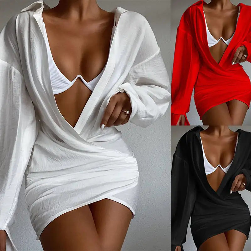 Deep V-Neck Solid Color Long Sleeve Mini Dress - Sexy Long Sleeve Party Dress